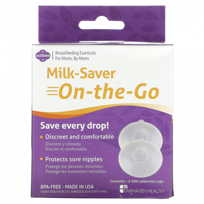 Fairhaven Health, Milkies, Milk-Saver-On-The-Go, 2 стакана для сбора молока Fairhaven Health, Milkies, Milk-Saver-On-The-Go, 2 стакана для сбора молока