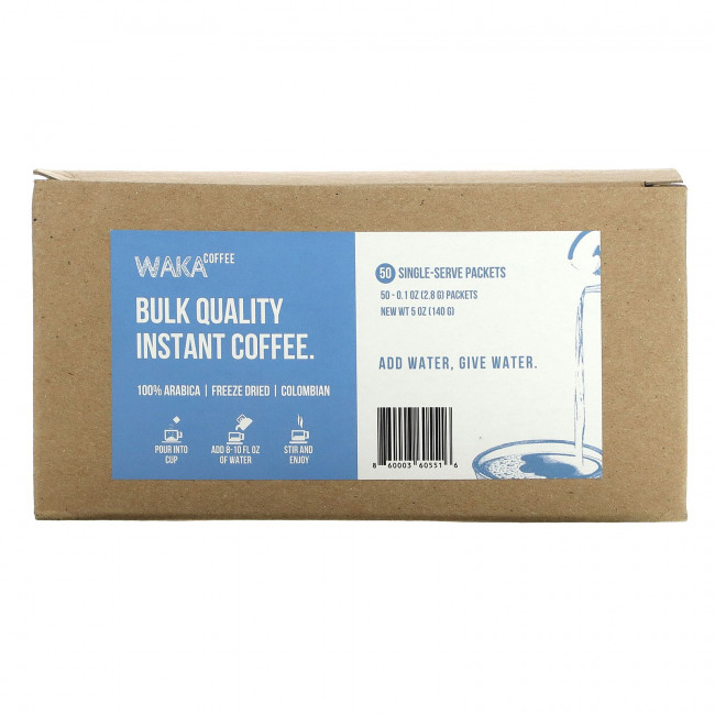 Waka Coffee, Растворимый кофе из 100% арабики, лиофилизированный колумбийский, 50 порционных пакетиков по 2,8 г (0,1 унции) Waka Coffee, Растворимый кофе из 100% арабики, лиофилизированный колумбийский, 50 порционных пакетиков по 2,8 г (0,1 унции)