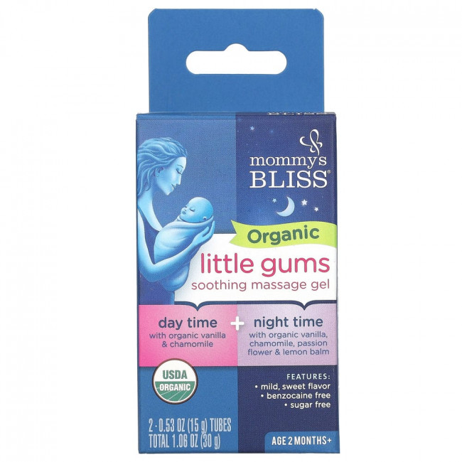 Mommy's Bliss, Organic Little Gums, успокаивающий массажный гель, дневной/ночной пакет, для детей в возрасте от 2 месяцев, 2 тюбика, 15 г (0,53 унции) каждый Mommy's Bliss, Organic Little Gums, успокаивающий массажный гель, дневной/ночной пакет, для детей в возрасте от 2 месяцев, 2 тюбика, 15 г (0,53 унции) каждый