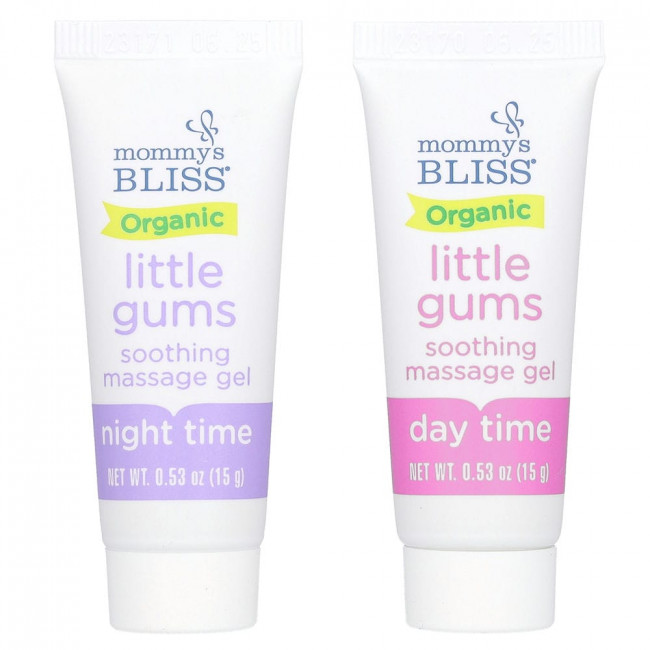 Mommy's Bliss, Organic Little Gums, успокаивающий массажный гель, дневной/ночной пакет, для детей в возрасте от 2 месяцев, 2 тюбика, 15 г (0,53 унции) каждый Mommy's Bliss, Organic Little Gums, успокаивающий массажный гель, дневной/ночной пакет, для детей в возрасте от 2 месяцев, 2 тюбика, 15 г (0,53 унции) каждый