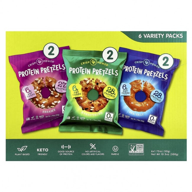 Crisp Power, Протеиновые крендели, разнообразные упаковки, 6 пакетиков по 50 г (1,75 унции)