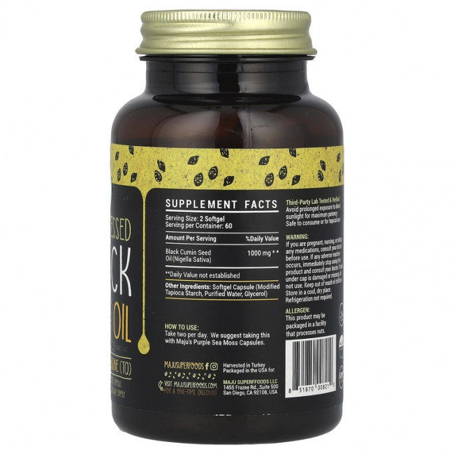 Maju Superfoods, Масло черного тмина холодного отжима, 1000 мг, 120 шт. (500 мг в капсуле) Maju Superfoods, Масло черного тмина холодного отжима, 1000 мг, 120 шт. (500 мг в капсуле)