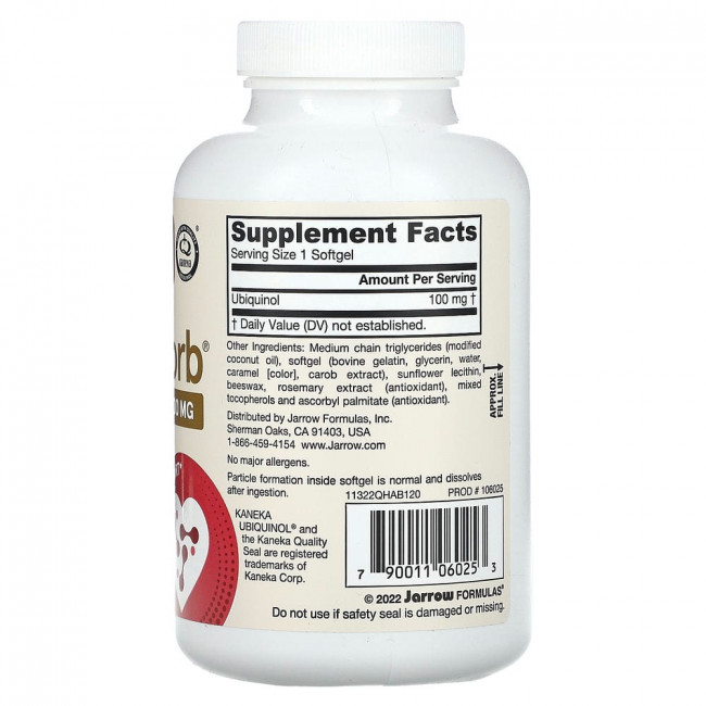Jarrow Formulas, Убихинол QH-Absorb, 100 мг, 120 мягких желатиновых капсул Jarrow Formulas, Убихинол QH-Absorb, 100 мг, 120 мягких желатиновых капсул