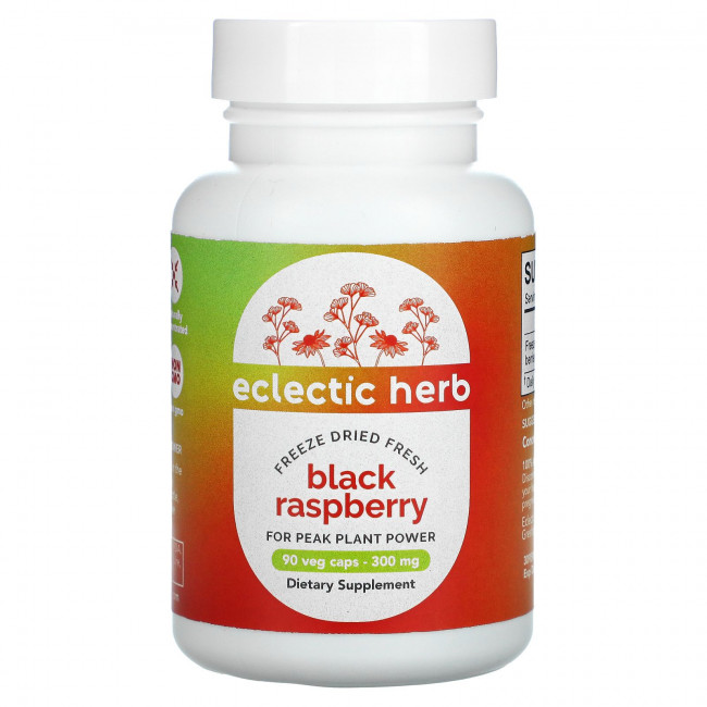 Eclectic Institute, Raw Fresh Freeze-Dried, черная малина, 300 мг, 90 растительных капсул без ГМО Eclectic Institute, Raw Fresh Freeze-Dried, черная малина, 300 мг, 90 растительных капсул без ГМО
