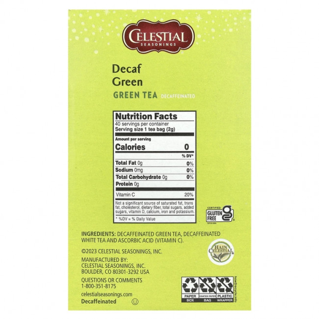 Celestial Seasonings, Зеленый чай, без кофеина, 40 чайных пакетиков, 74 г (2,6 унции) Celestial Seasonings, Зеленый чай, без кофеина, 40 чайных пакетиков, 74 г (2,6 унции)