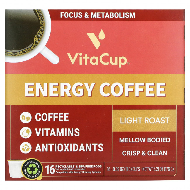 VitaCup, Energy Coffee, легкая обжарка, 16 чашек по 11 г (0,39 унции) VitaCup, Energy Coffee, легкая обжарка, 16 чашек по 11 г (0,39 унции)