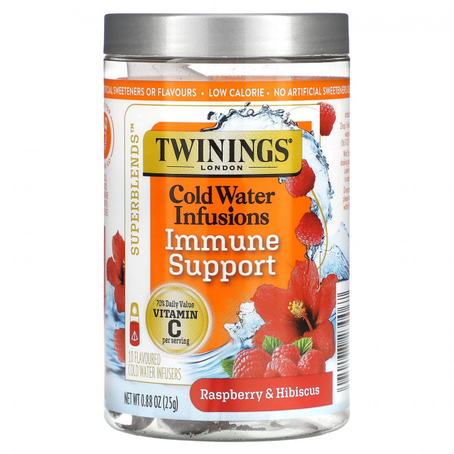 Twinings, Superblends, настои из холодной воды, поддержка иммунитета, малина и гибискус, без кофеина, 10 настоев со вкусом холодной воды, 25 г (0,88 унции) Twinings, Superblends, настои из холодной воды, поддержка иммунитета, малина и гибискус, без кофеина, 10 настоев со вкусом холодной воды, 25 г (0,88 унции)