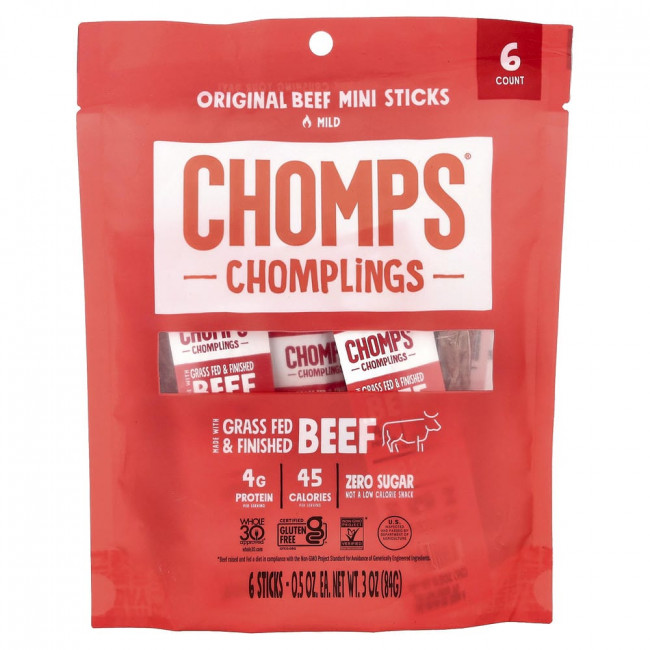 Chomps, Chomplings, Оригинальные мини-палочки из говядины, нежирные, 6 палочек, по 14 г каждая Chomps, Chomplings, Оригинальные мини-палочки из говядины, нежирные, 6 палочек, по 14 г каждая