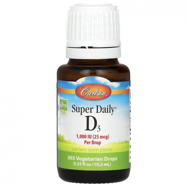 Carlson Labs, Super Daily D3, 1000 МЕ, 10,3 мл (0,35 жидк. унции) Carlson Labs, Super Daily D3, 1000 МЕ, 10,3 мл (0,35 жидк. унции)