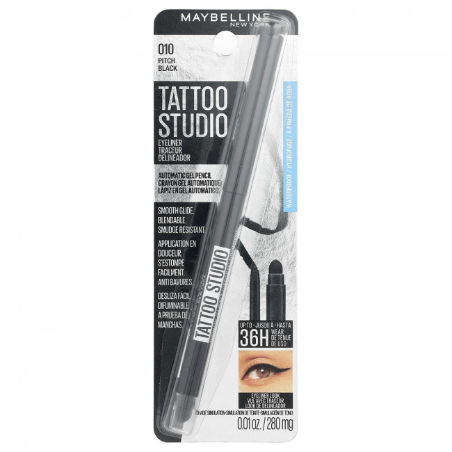 Maybelline, Tattoo Studio, автоматический гелевый карандаш для глаз, 010 Pitch Black, 0,01 унции (280 мг) Maybelline, Tattoo Studio, автоматический гелевый карандаш для глаз, 010 Pitch Black, 0,01 унции (280 мг)