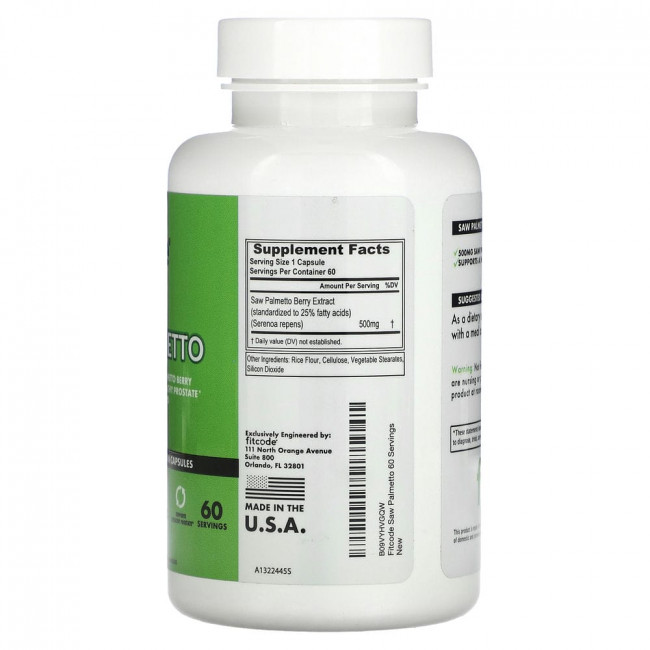 FITCODE, Saw Palmetto, 500 mg, 60 Veggie Capsules