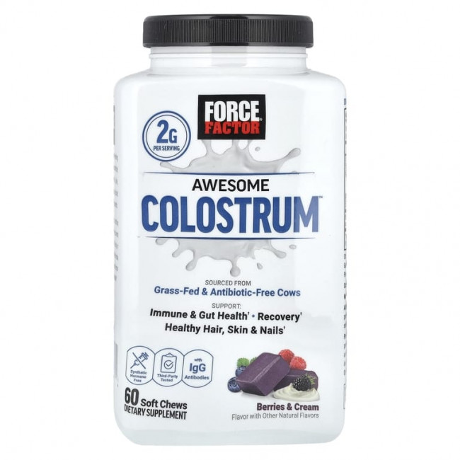 Force Factor, Awesome Colostrum ™, ягоды и сливки, 60 жевательных таблеток Force Factor, Awesome Colostrum ™, ягоды и сливки, 60 жевательных таблеток