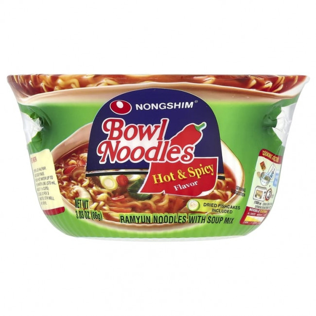 Nongshim, Bowl Noodles, лапша рамьюн со смесью для супа, острая и пряная, 86 г (3,03 унции) Nongshim, Bowl Noodles, лапша рамьюн со смесью для супа, острая и пряная, 86 г (3,03 унции)