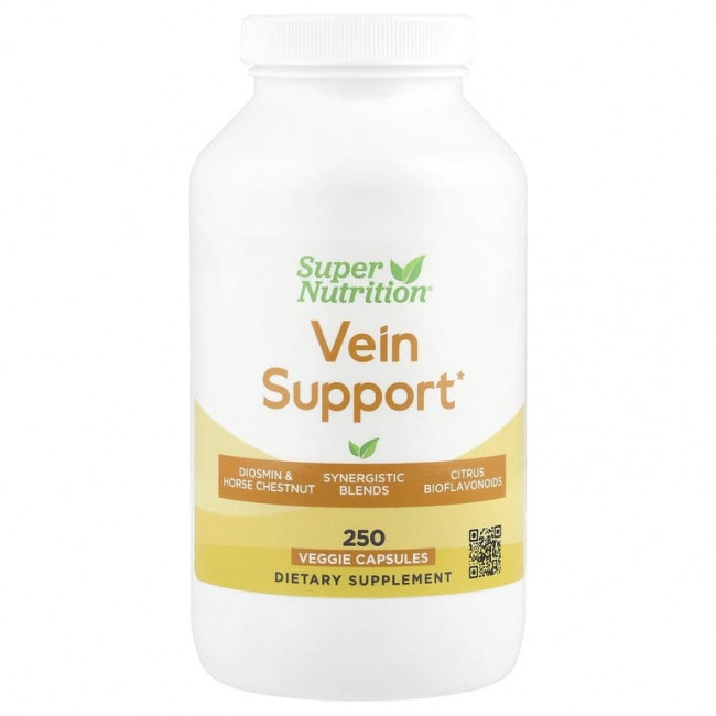 Super Nutrition, добавка для поддержки вен с диосмином, иглицей колючей, конским каштаном, биофлавоноидами и ферментами, 250 растительных капсул