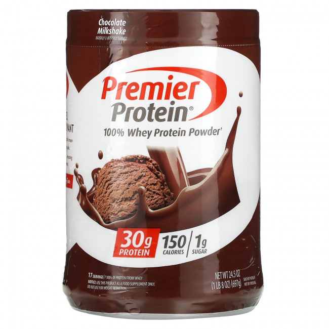 Premier Protein, Порошок из 100% сывороточного протеина, шоколадный молочный коктейль, 697 г (1 фунт 8 унций) Premier Protein, Порошок из 100% сывороточного протеина, шоколадный молочный коктейль, 697 г (1 фунт 8 унций)