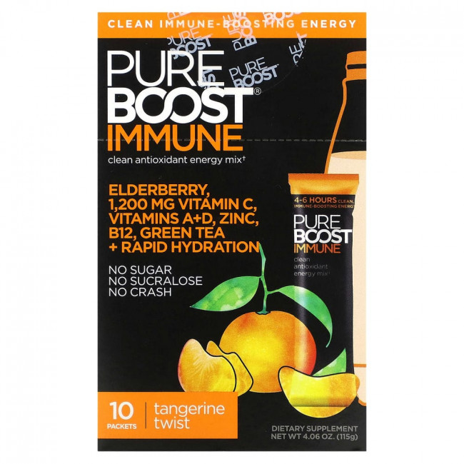 Pureboost, Immune, чистая энергетическая смесь с антиоксидантами, мандарин со вкусом мандарина, 10 пакетиков по 11,5 г (0,41 унции)
