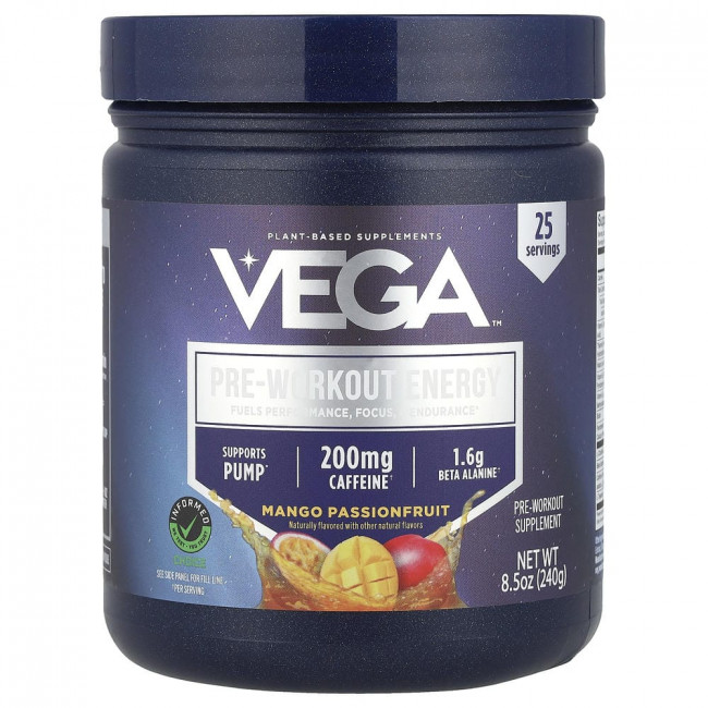 Vega, предтренировочный энергетический напиток со вкусом манго и маракуйи, 240 г (8,5 унций)