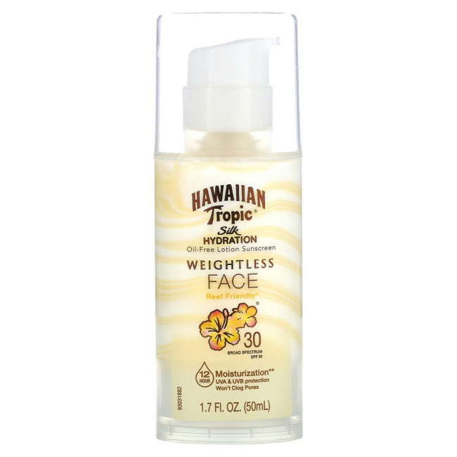 Hawaiian Tropic, Silk Hydration, Weightless Face, невесомый солнцезащитный лосьон для лица без масел, SPF 30, 50 мл Hawaiian Tropic, Silk Hydration, Weightless Face, невесомый солнцезащитный лосьон для лица без масел, SPF 30, 50 мл