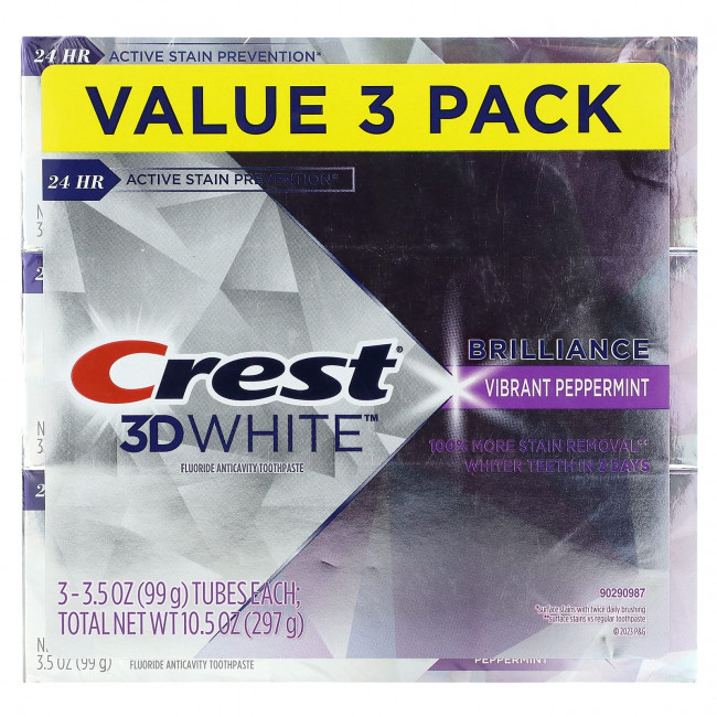 Crest, 3D White, Brilliance, зубная паста с фтором, яркая перечная мята, 3 пакетика по 99 г (3,5 унции) Crest, 3D White, Brilliance, зубная паста с фтором, яркая перечная мята, 3 пакетика по 99 г (3,5 унции)