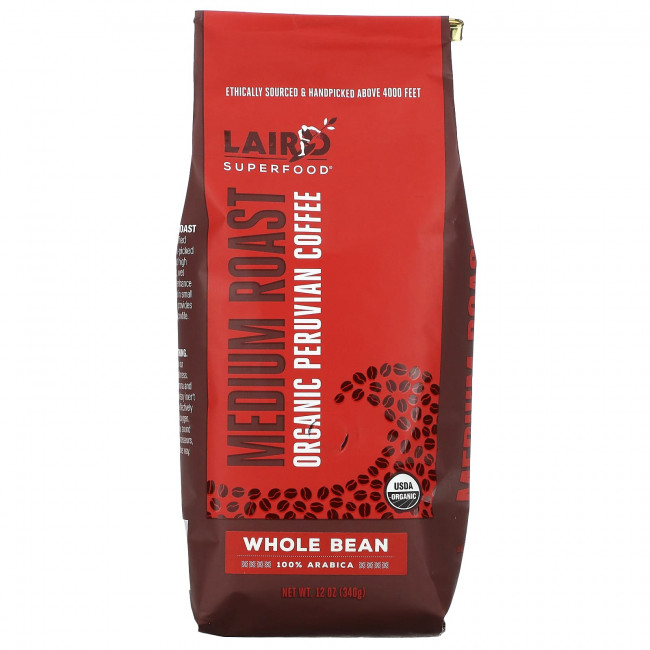 Laird Superfood, Органический перуанский кофе, цельные зерна, средней обжарки, 340 г (12 унций) Laird Superfood, Органический перуанский кофе, цельные зерна, средней обжарки, 340 г (12 унций)