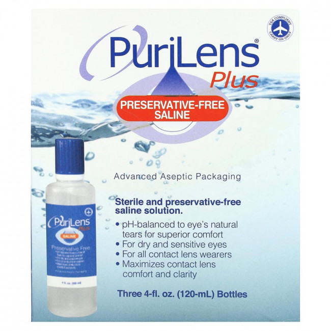 Физиологический раствор Purilens Plus без консервантов, 3 флакона по 120 мл (4 жидких унции) каждый. Физиологический раствор Purilens Plus без консервантов, 3 флакона по 120 мл (4 жидких унции) каждый.