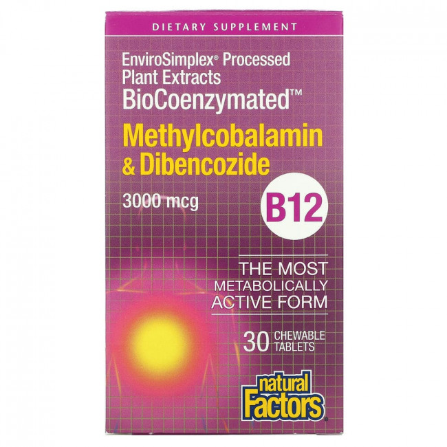 Natural Factors, BioCoenzymated, B12, метилкобаламин и дибенкозид, 3000 мкг, 30 жевательных таблеток Natural Factors, BioCoenzymated, B12, метилкобаламин и дибенкозид, 3000 мкг, 30 жевательных таблеток