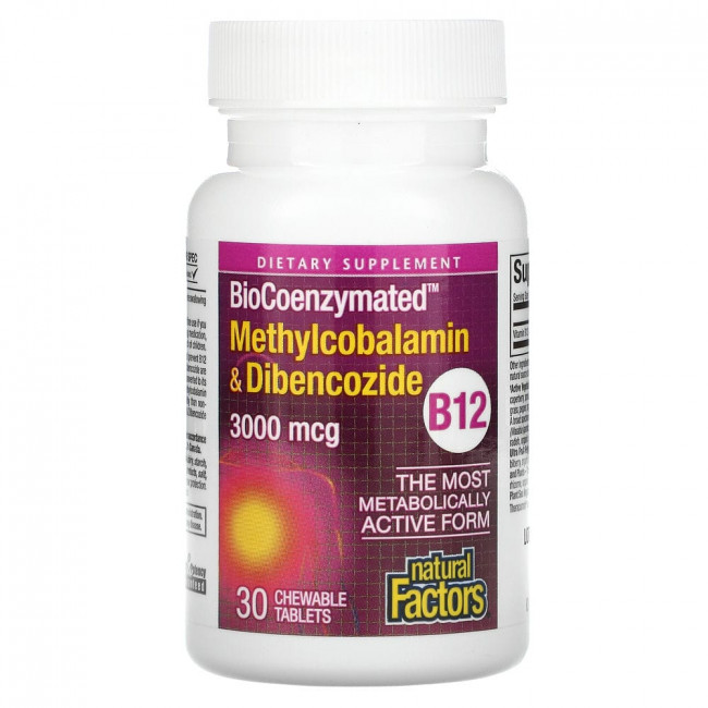 Natural Factors, BioCoenzymated, B12, метилкобаламин и дибенкозид, 3000 мкг, 30 жевательных таблеток Natural Factors, BioCoenzymated, B12, метилкобаламин и дибенкозид, 3000 мкг, 30 жевательных таблеток