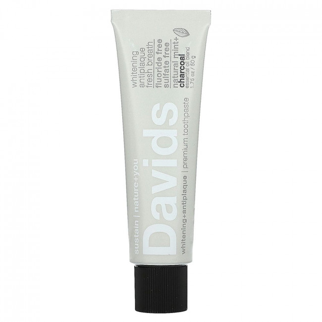 Davids Natural Toothpaste, Premium Toothpaste, Whitening + Antiplaque, Natural Mint + Charcoal, 1.75 oz (50 g)