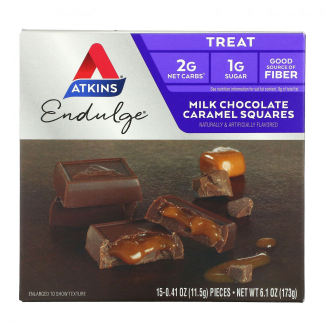 Atkins, Milk Chocolate Caramel Squares, 15 Pieces, 0.41 oz (11.5 g) Each Atkins, Milk Chocolate Caramel Squares, 15 Pieces, 0.41 oz (11.5 g) Each