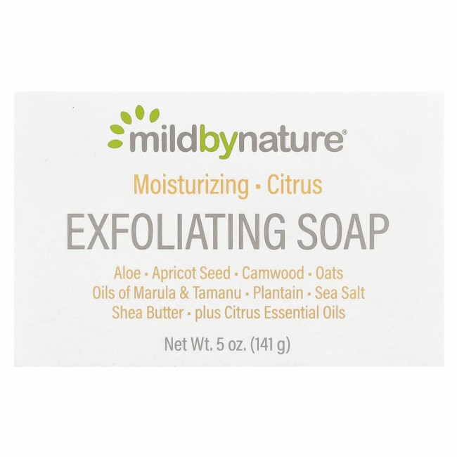 Mild By Nature, отшелушивающее мыло, с маслами марулы, таману и ши, с цитрусовым ароматом, 141 г (5 унций) Mild By Nature, отшелушивающее мыло, с маслами марулы, таману и ши, с цитрусовым ароматом, 141 г (5 унций)
