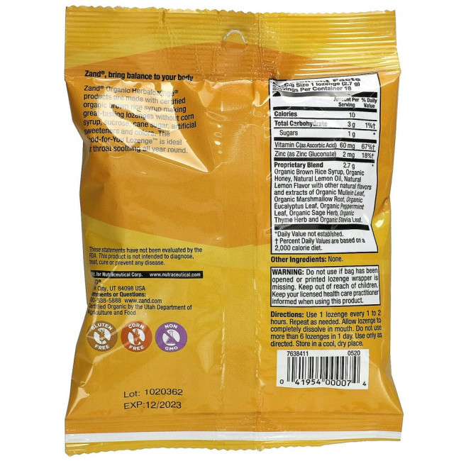 Zand, Naturals, органический лимонный мед, 18 пастилок для горла Zand, Naturals, органический лимонный мед, 18 пастилок для горла