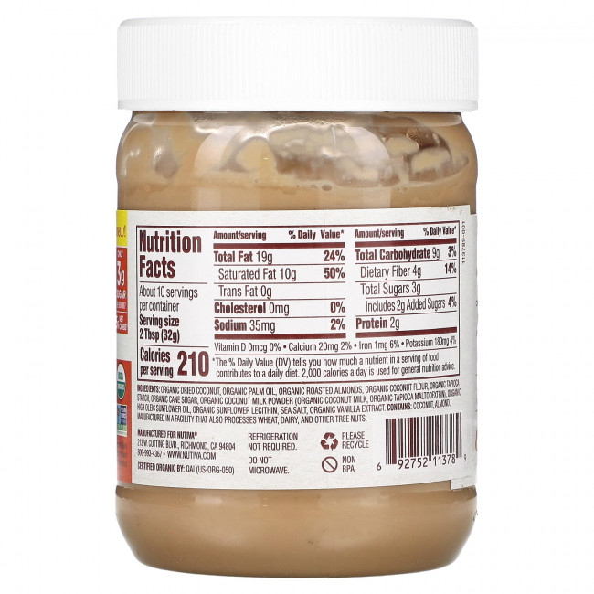 Nutiva, Органический спред с миндалем и кокосом, 326 г (11,5 унции) Nutiva, Органический спред с миндалем и кокосом, 326 г (11,5 унции)