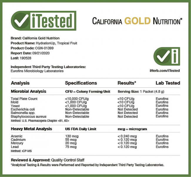 California Gold Nutrition, HydrationUP, смесь для приготовления электролитического напитка, тропические фрукты, 20 пакетиков, 4,8 г (0,17 унции) в каждом