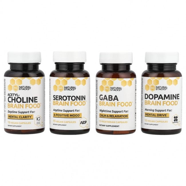 Natural Stacks, Brain Food ™, 4 флакона, 15 вегетарианских капсул в каждом флаконе