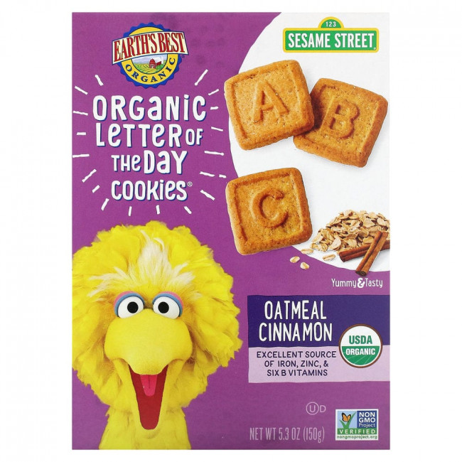 Earth's Best, Sesame Street, Organic Letter of The Day Cookies, For Ages2+, Oatmeal Cinnamon, 5.3 oz (150 g)