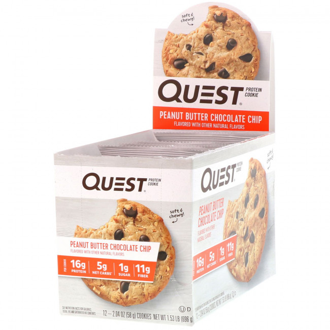 Quest Nutrition, Белковое печенье, арахисовое масло с шоколадной стружкой, 12 штук, по 2,04 унции (58 г) каждое Quest Nutrition, Белковое печенье, арахисовое масло с шоколадной стружкой, 12 штук, по 2,04 унции (58 г) каждое