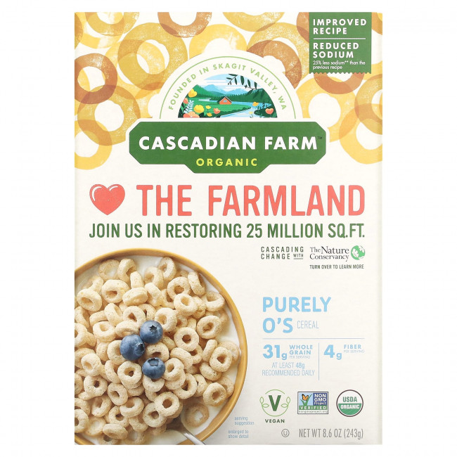 Cascadian Farm, Органические хлопья Purely O's, 243 г (8,6 унции) Cascadian Farm, Органические хлопья Purely O's, 243 г (8,6 унции)