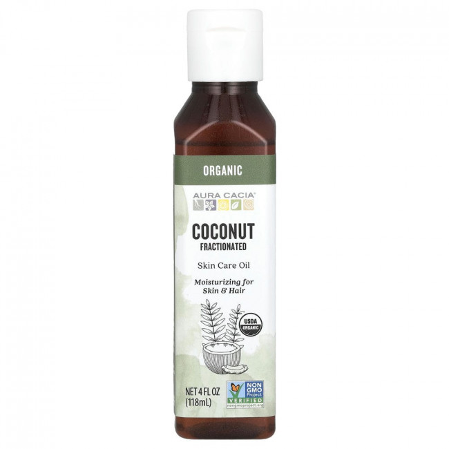 Aura Cacia, Органическое масло для тела, фракционированное кокосовое масло, 118 мл Aura Cacia, Органическое масло для тела, фракционированное кокосовое масло, 118 мл