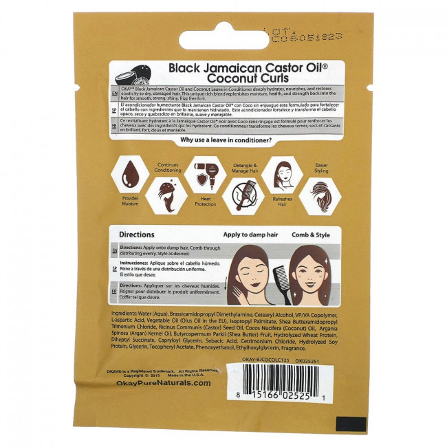 Okay Pure Naturals, Черное ямайское касторовое масло, кокосовые локоны, оставьте в кондиционере для глубокого проникновения, 37 мл (1,25 жидк. Унции)