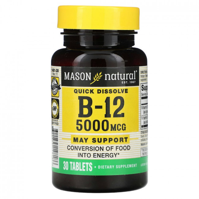 Mason Natural, Витамин B-12, малиновый ароматизатор, 5000 мкг, 30 подъязычных таблеток