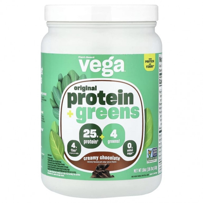 Vega, оригинальный растительный протеин и зелень, со вкусом шоколадного крема, 510 г (1 фунт 2 унции)