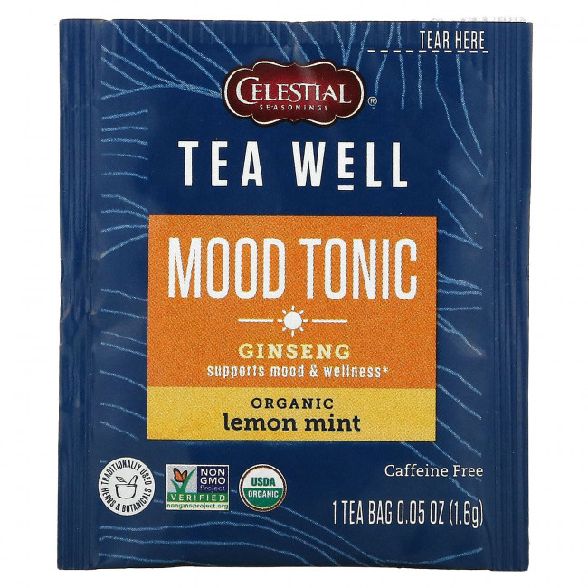 Celestial Seasonings, Mood Tonic, женьшень, органическая лимонная мята, без кофеина, 12 чайных пакетиков, 18 г (0,6 унции) Celestial Seasonings, Mood Tonic, женьшень, органическая лимонная мята, без кофеина, 12 чайных пакетиков, 18 г (0,6 унции)