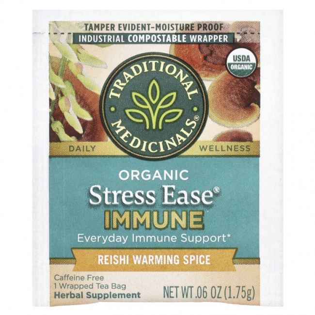 Traditional Medicinals, органическая Stress Ease Immune, согревающая приправа рейши, без кофеина, 16 чайных пакетиков в упаковке, 28 г (0,99 унции) Traditional Medicinals, органическая Stress Ease Immune, согревающая приправа рейши, без кофеина, 16 чайных пакетиков в упаковке, 28 г (0,99 унции)