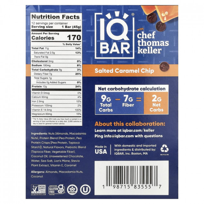 IQBAR, протеиновый батончик на растительной основе, с соленой карамелью и жареными орехами макадамия, 12 батончиков по 45 г каждый. IQBAR, протеиновый батончик на растительной основе, с соленой карамелью и жареными орехами макадамия, 12 батончиков по 45 г каждый.