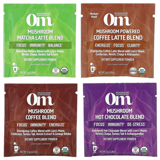 Om Mushrooms, Образец горячего напитка, горячий шоколад, латте матча, кофе, смесь кофейного латте, 4 пакетика Om Mushrooms, Образец горячего напитка, горячий шоколад, латте матча, кофе, смесь кофейного латте, 4 пакетика