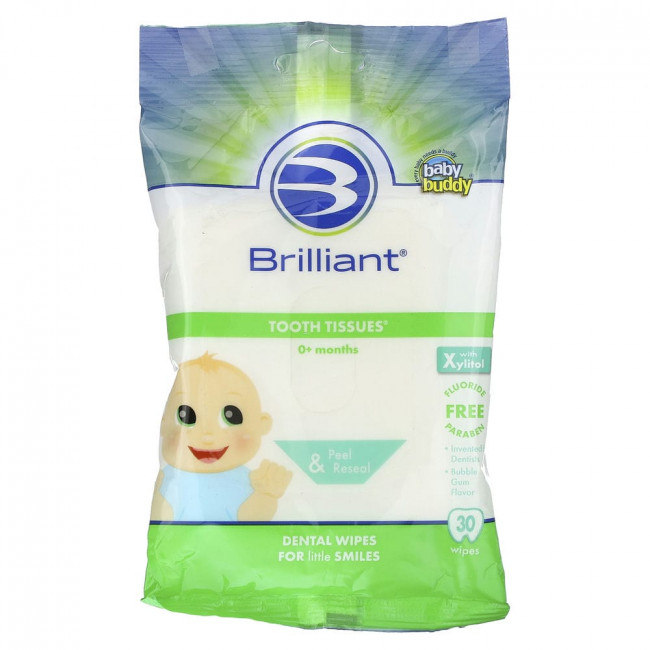 Baby Buddy, Brilliant, Tooth Tissues with Xylitol, Bubble Gum, 0+ Months, 30 Wipes