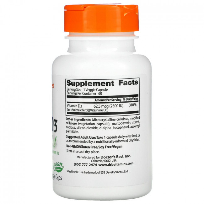 Doctor's Best, веганский витамин D3 с Vitashine D3, 2500 МЕ, 60 вегетарианских капсул Doctor's Best, веганский витамин D3 с Vitashine D3, 2500 МЕ, 60 вегетарианских капсул