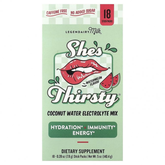 Legendairy Milk, She's Thirsty®, смесь электролитов с кокосовой водой, арбуз (коробка), 18 пакетиков-стиков по 7,8 г (0,28 унции) Legendairy Milk, She's Thirsty®, смесь электролитов с кокосовой водой, арбуз (коробка), 18 пакетиков-стиков по 7,8 г (0,28 унции)
