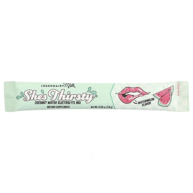 Legendairy Milk, She's Thirsty®, смесь электролитов с кокосовой водой, арбуз (коробка), 18 пакетиков-стиков по 7,8 г (0,28 унции) Legendairy Milk, She's Thirsty®, смесь электролитов с кокосовой водой, арбуз (коробка), 18 пакетиков-стиков по 7,8 г (0,28 унции)
