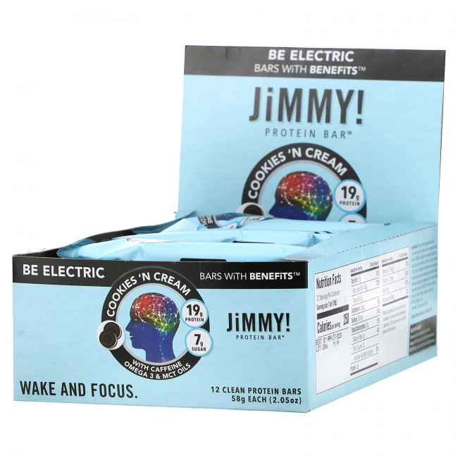 JiMMY!, Be Electric Bars With Benefits, печенье с кремом, 12 протеиновых батончиков, 58 г (2,05 унции) JiMMY!, Be Electric Bars With Benefits, печенье с кремом, 12 протеиновых батончиков, 58 г (2,05 унции)